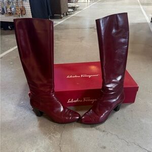 Salvatore Ferragamo 1980s Tall Boots 7.5 Burgundy Bordeaux Calf/ Reptile NWT